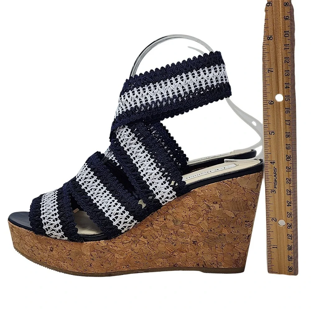 LK‎ Bennett Cork Wedge Sandals 38 7 Womens Navy Blue White Striped Crochet Spain